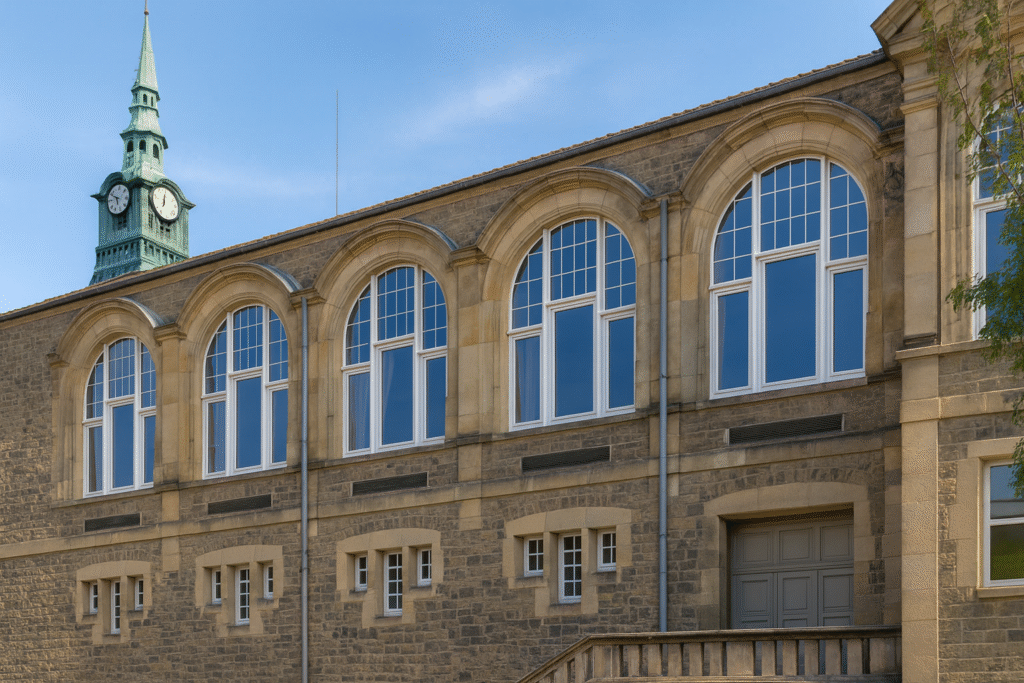 Fachada de piedra con serie de grandes ventanas arqueadas de PVC blanco; rehabilitación patrimonial con radios controlados y doble acristalamiento.