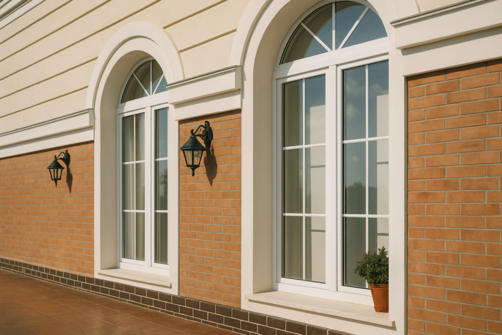Dos ventanas curvas de PVC blancas con cuarterones en fachada de ladrillo y estuco; radios uniformes y acabado limpio.