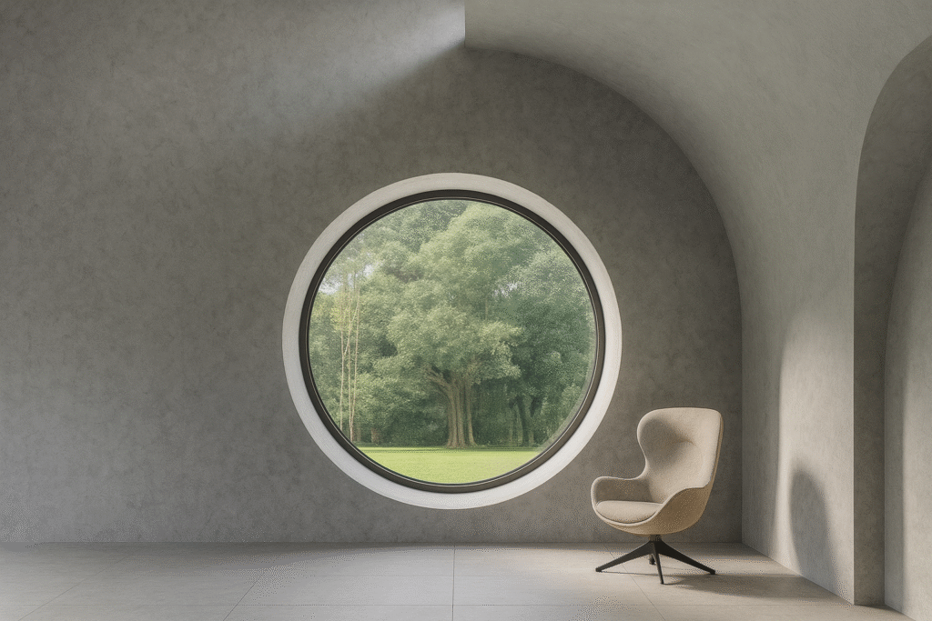 Ventana circular tipo ojo de buey en PVC blanco, interior minimalista con vista a jardín; diámetro a medida y vidrio laminado.